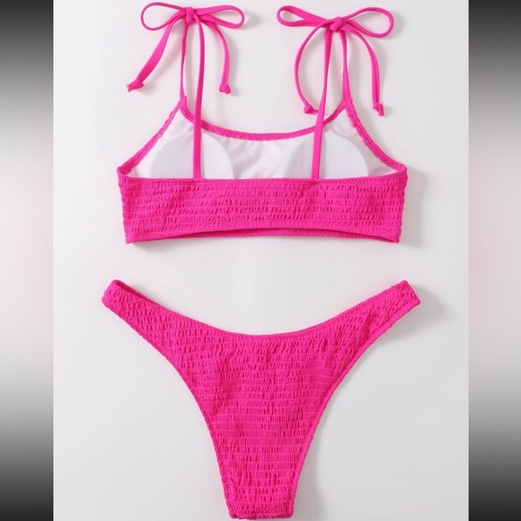 XS HOT PINK Smocked Tie Shoulder Bikini (2 piece) - Picture 2 of 5
